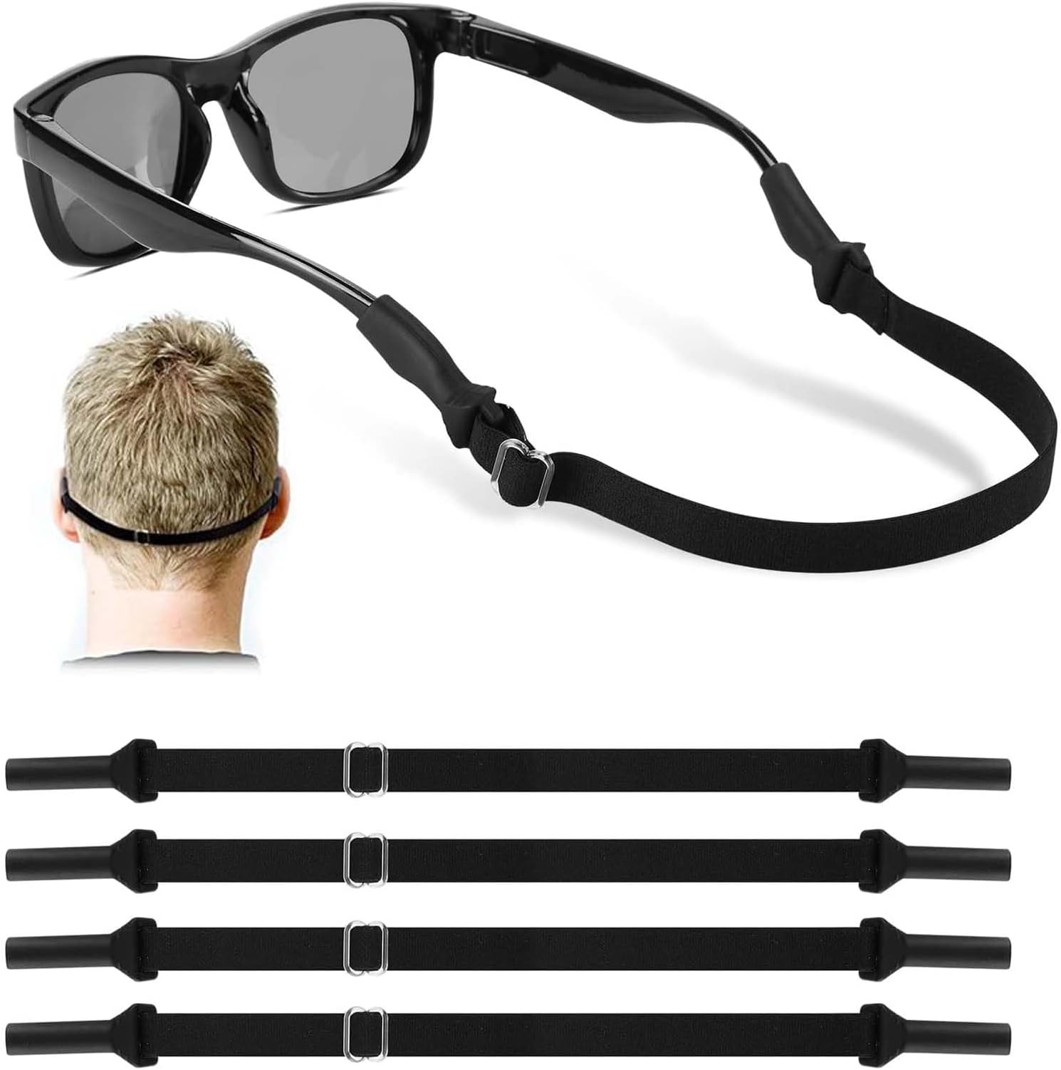 ​4PCS Specs Holder Strap, Spectacle Chain with Silicone Sleeves Adjustable Anti-Slip Eyeglass Retainer for Men & Women - Secure Fit for Glasses & Sunglasses (black)
