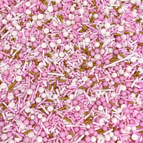 Image of Manvscakes, pink sprinkles, valentines, cake sprinkles, gluten free, cookies, chocolate, fondant, princess topping, ice cream, edible, dessert decoration (Gold Pink)