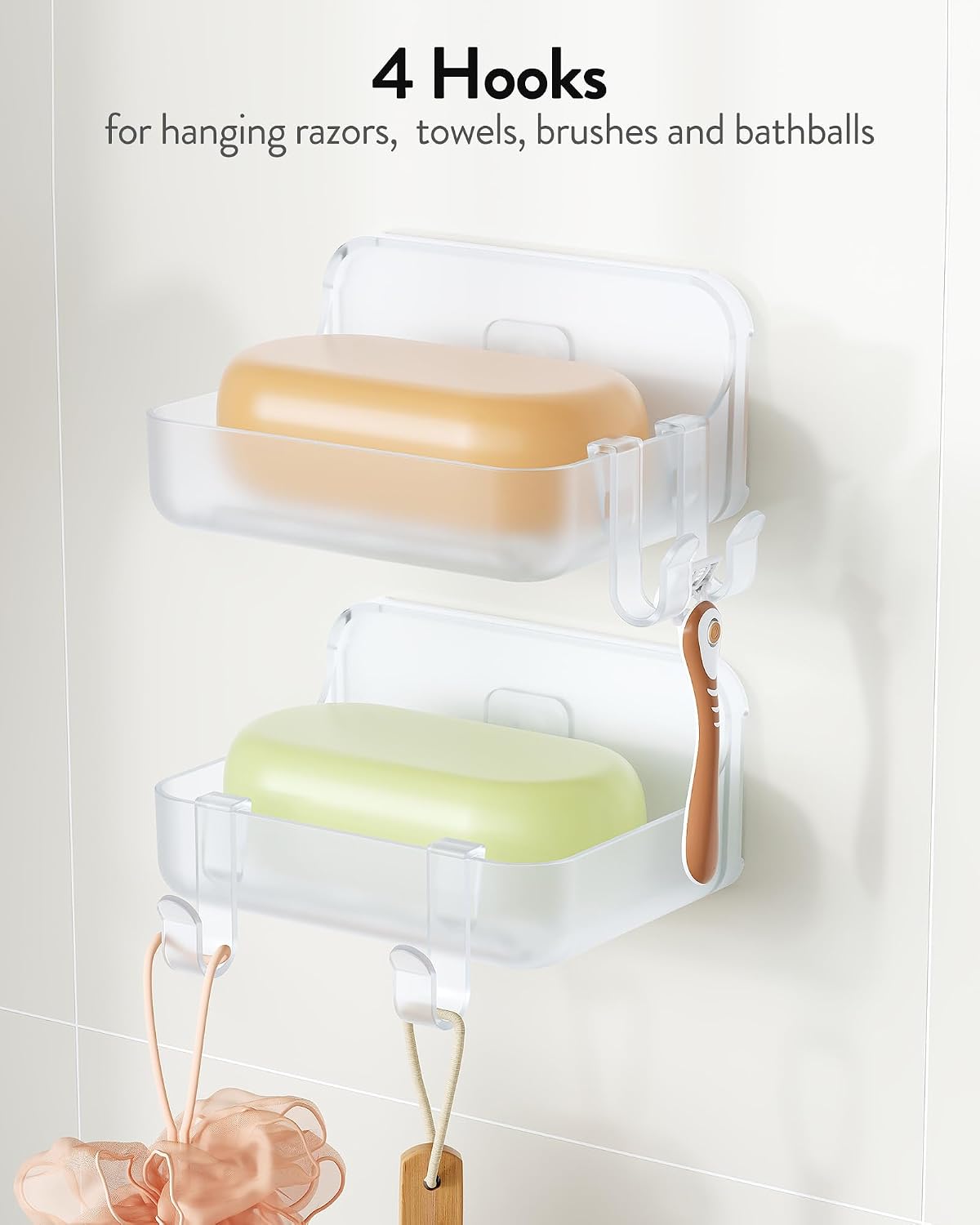 Orimade Wall Mount Soap Holder with 4 Hooks, No-Drill Self-Adhesive Transparent Soap Dish for Shower & Bathroom, Quick-Draining Rustproof ABS Plastic Bar Soap Saver, Detachable Organizer 2 Pack, Clear