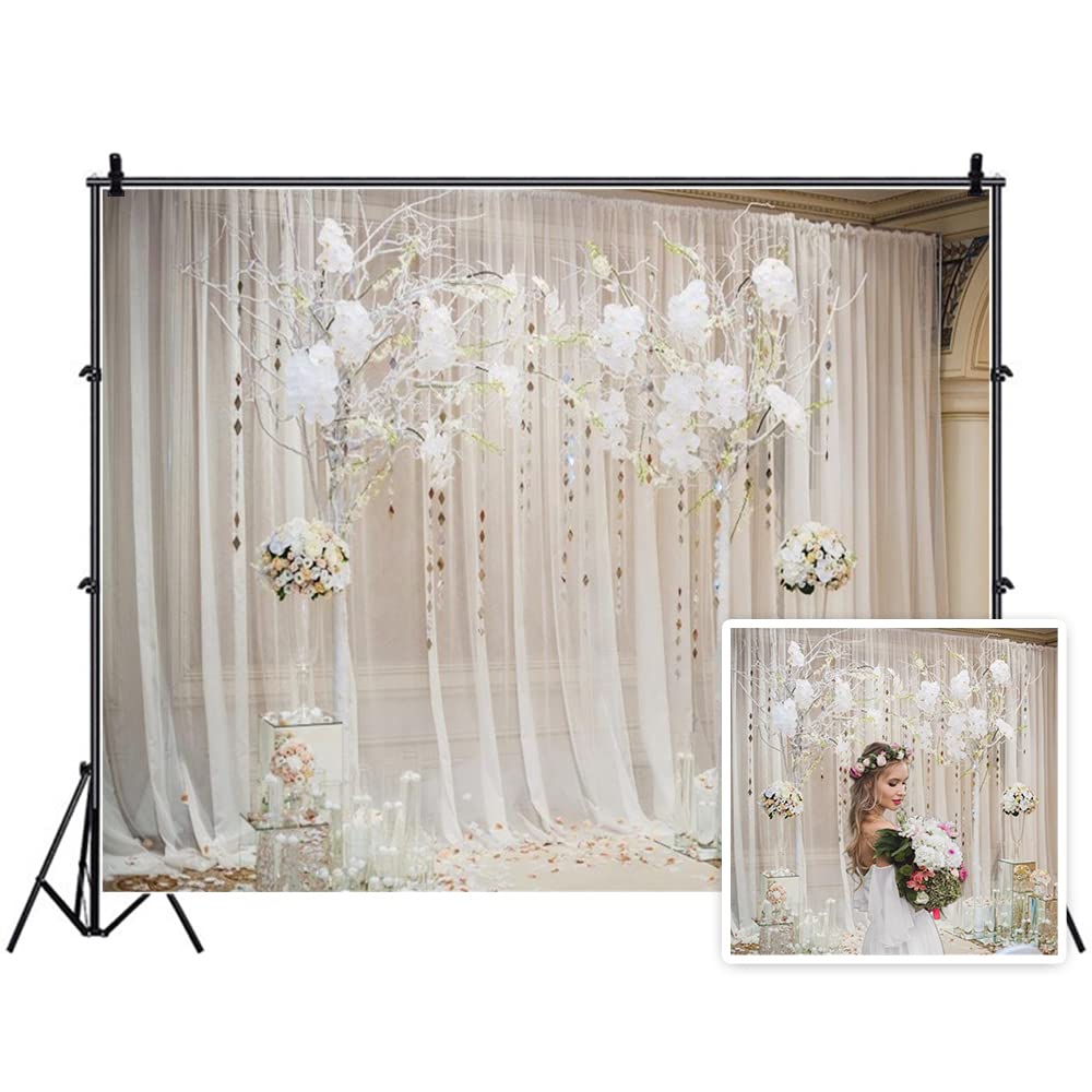 AOFOTO 10x8ft White Tulle Wedding Ceremony Backdrop Curtain with Flowers Engagement Bridal Shower Photography Backdrop Drapes for Wedding Decorations Fiancee Girls Birthday Party Photo Studio Props