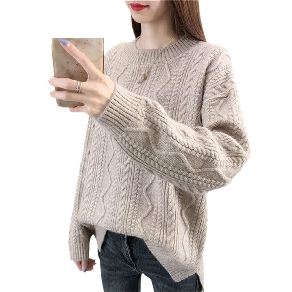 Kobiety jednolity kolor luźny sweter dzianinowy sweter swobodny dekolt O sweter z długim rękawem sweter sweter sweter sweter podstawowy sweter, Khaki, XXL