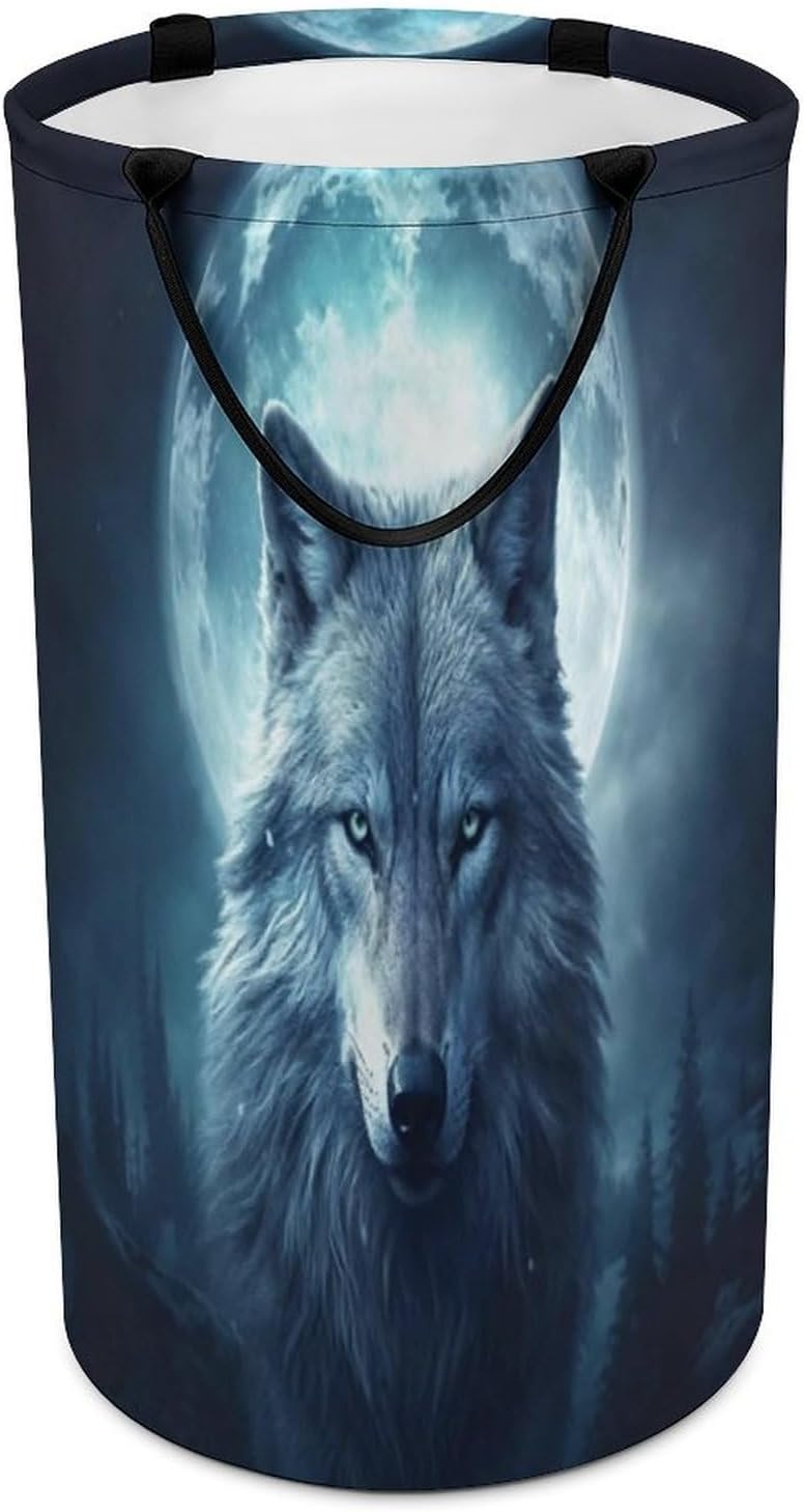 Wolf MoonLaundry Hamper Storage Basket | Large Dirty Clothes Bag for Easy Carry Handles,Large Clothes Basket with Handles,Organizer for Bathroom Bedroom