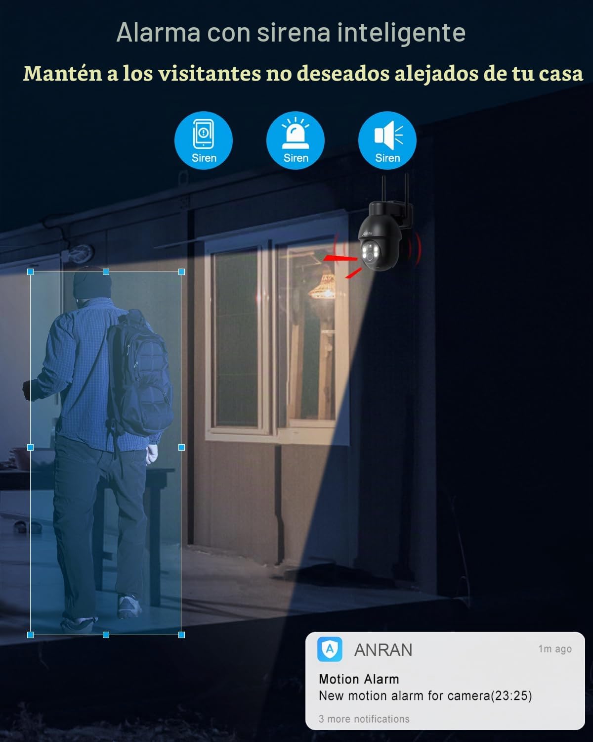 ANRAN 5MP FHD Camara Vigilancia WiFi Exterior con Panel Solar | PTZ 360° Cámara Seguridad, Detección Humana PIR, Visión Nocturna en Color, Audio Bidireccional, Alarma Sirena, Q03 Negro Máx