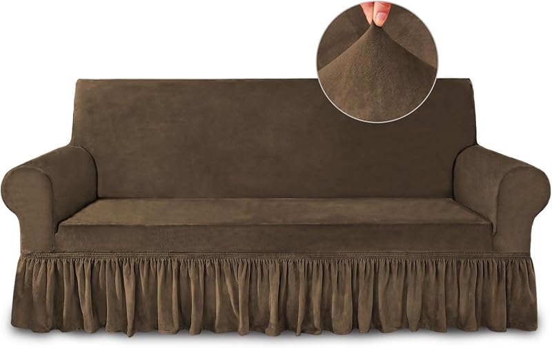NICEEC Brown Couch Covers for Sofa Cover Universal Slipcovers with Skirt | Ruffle Couch Slipcover,High Stretch Spandex,Fitted,Super Soft,Machine Washable,Living Room,1 Piece Furniture Sofa Protector