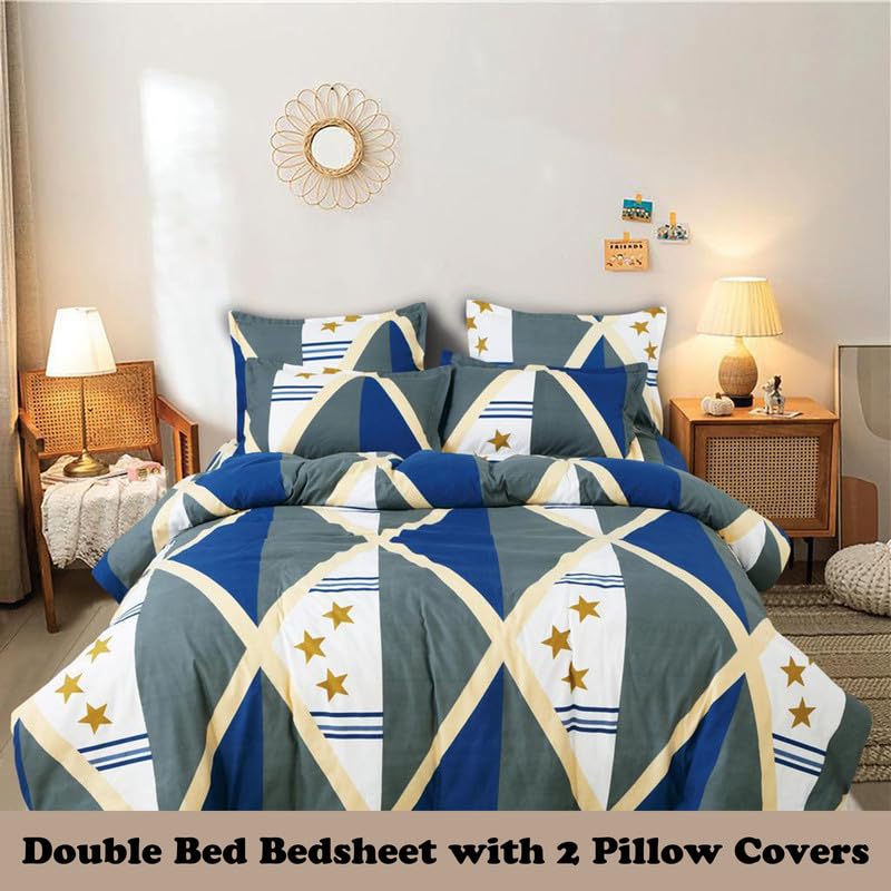 Image of Polycotton Double Bed Bedsheet, Flat Sheet with 2 Pillow Covers, Queen (90x100 inch), 300 TC, Blue & Cream, Set of 3