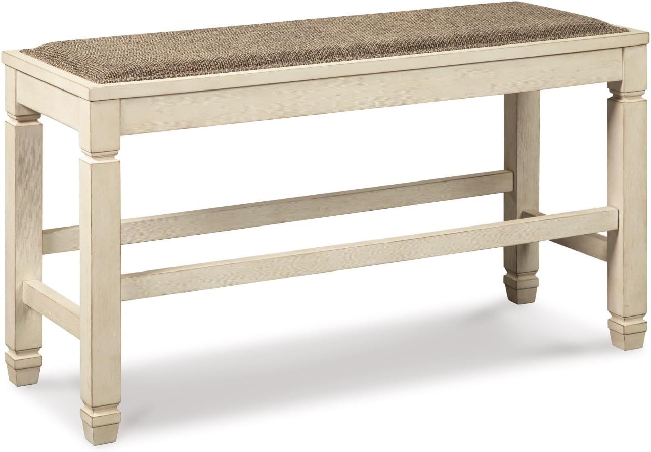 BOWERY HILL Wood Counter Bench, 42" W x 15.25" D x 24.13" H, Antique White Finish, Upholstered Cushion Seat with Nailhead Trim, Heavy Woven Fabric, Kitchen or Dining Room Seating
