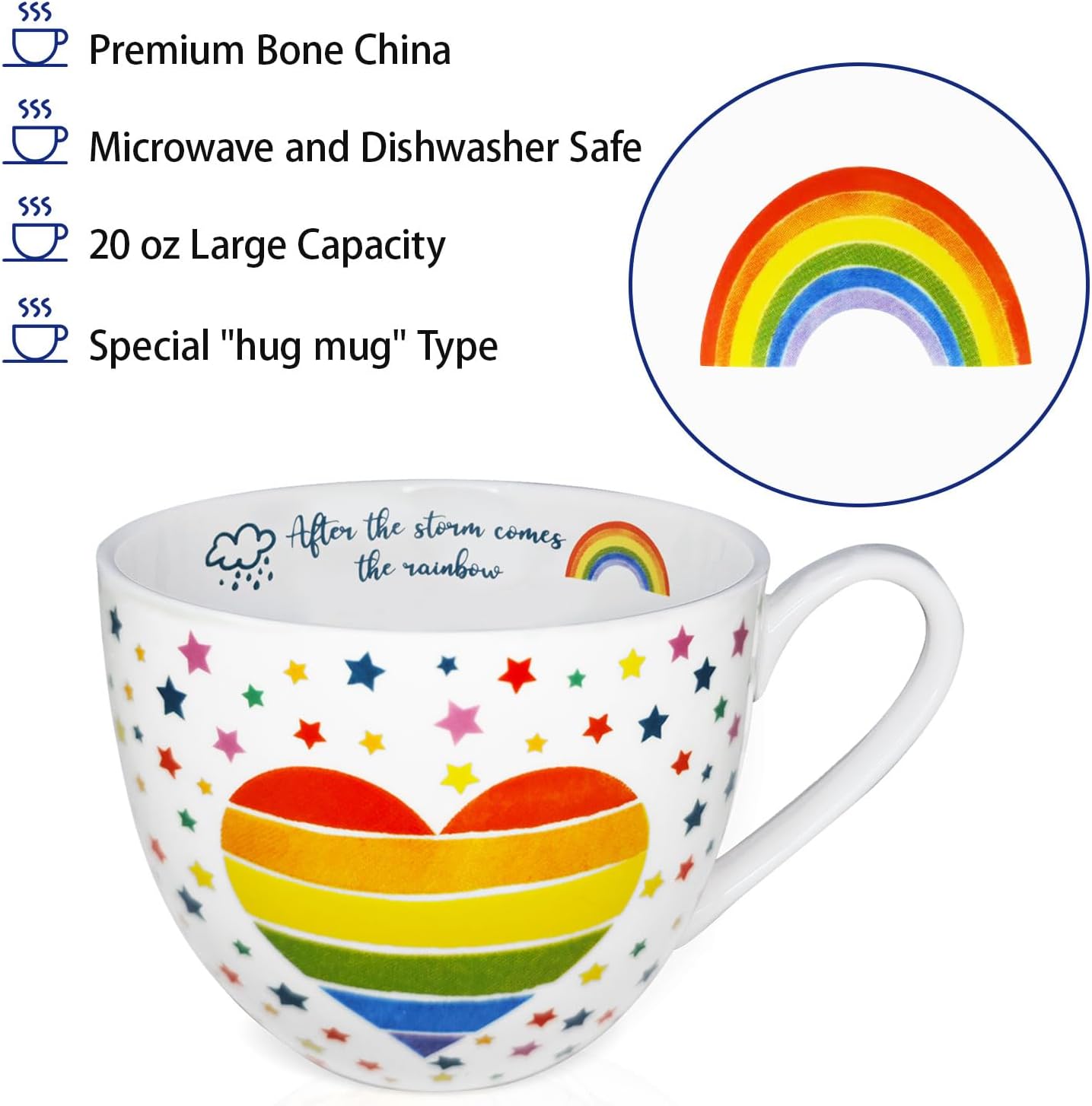 Rainbow Heart Coffee Mug, Premium 20 oz Bone China Hug Mug, Inspiring Gift of Hope and Positivity, Perfect for Birthdays, Holidays, and Christmas, Designed in England by Harvest Green Studio - Image 4