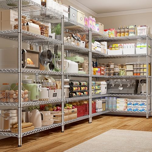 Image of REIBII 1500LBS Storage Shelves 61.7''W Wire Shelving Unit 5 Tier Metal Shelving for Storage Rack Shelves Heavy Duty Garage Shelf Pantry Shelves Kitchen Shelving, 61.7 inch W*72.4 inch H*15.8 inch D, Chrome