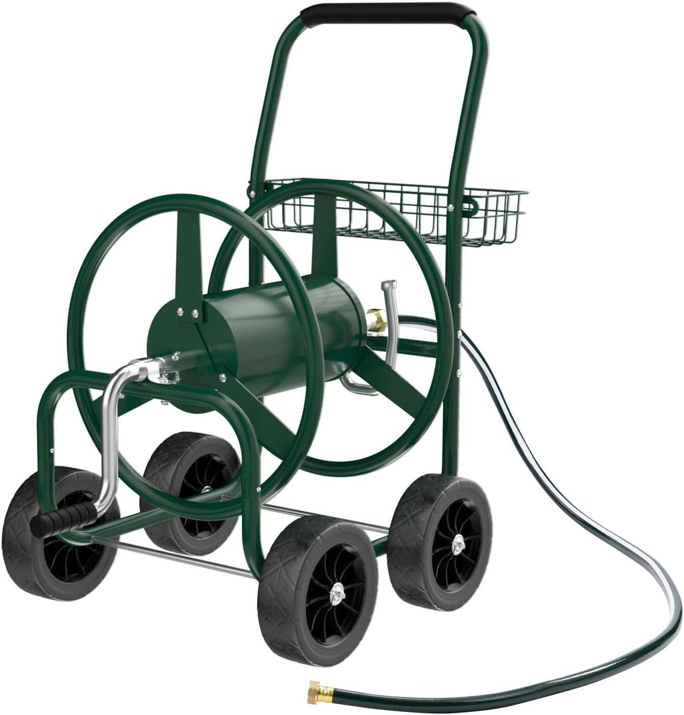 VINGLI 4-Wheel Garden Hose Reel Cart with Storage Basket, Portable Residential Hose Reel Cart, Lawn Watering, for Garden Backyard and Farm (Green 250FT)