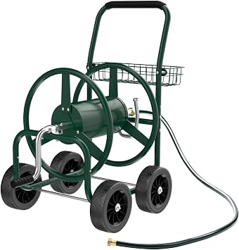 VINGLI 4-Wheel Garden Hose Reel Cart with Storage Basket, Portable Residential Hose Reel Cart, Lawn Watering, for Garden Backyard and Farm Green 250FT