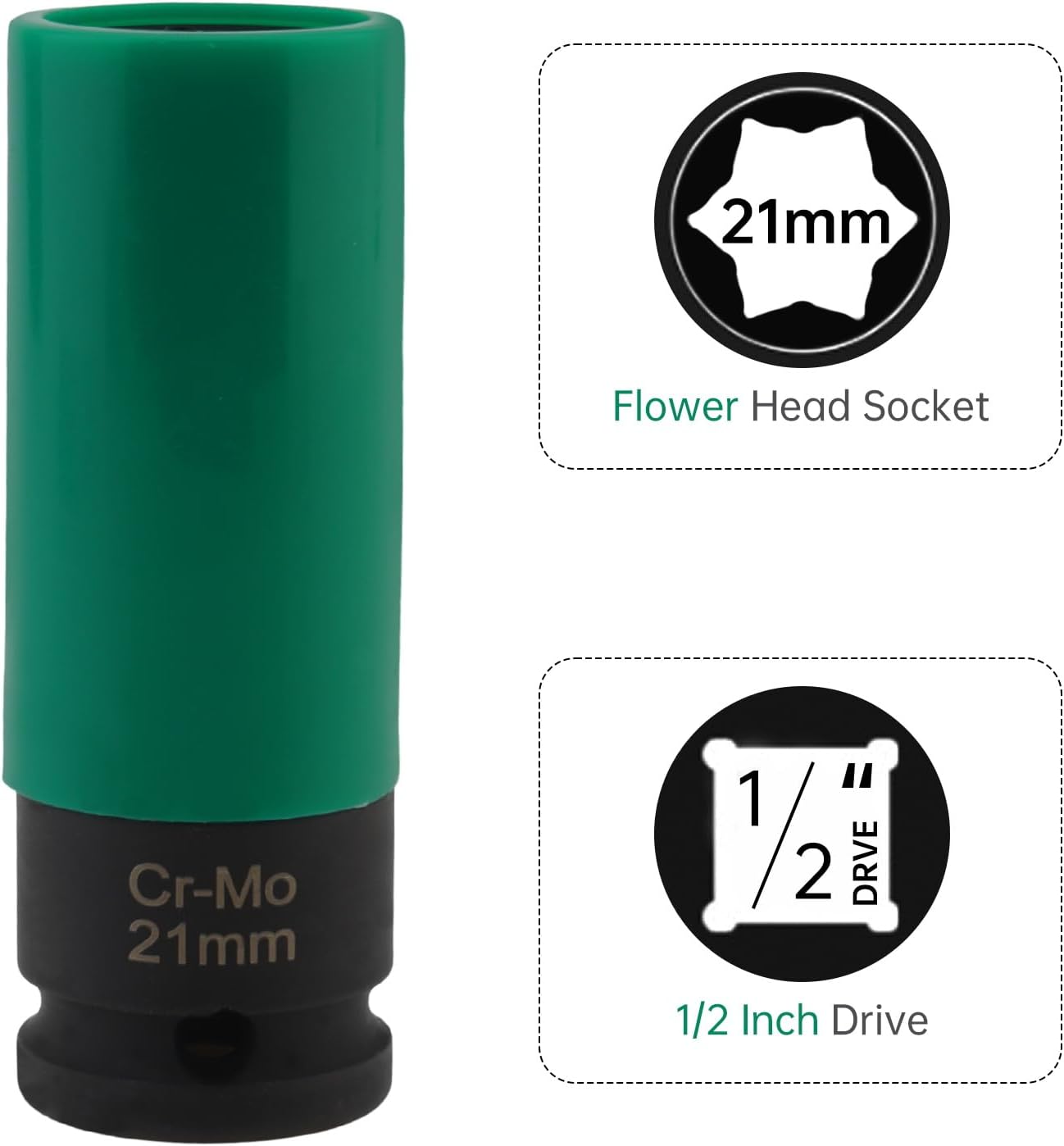 1/2-Inch Drive Lug Nut Socket Flower Head Replacement for Mercedes Vehicles S Series, Cr-Mo Steel, Non-Marring Sleeve, Impact Deep Lug Nut Socket (21mm)