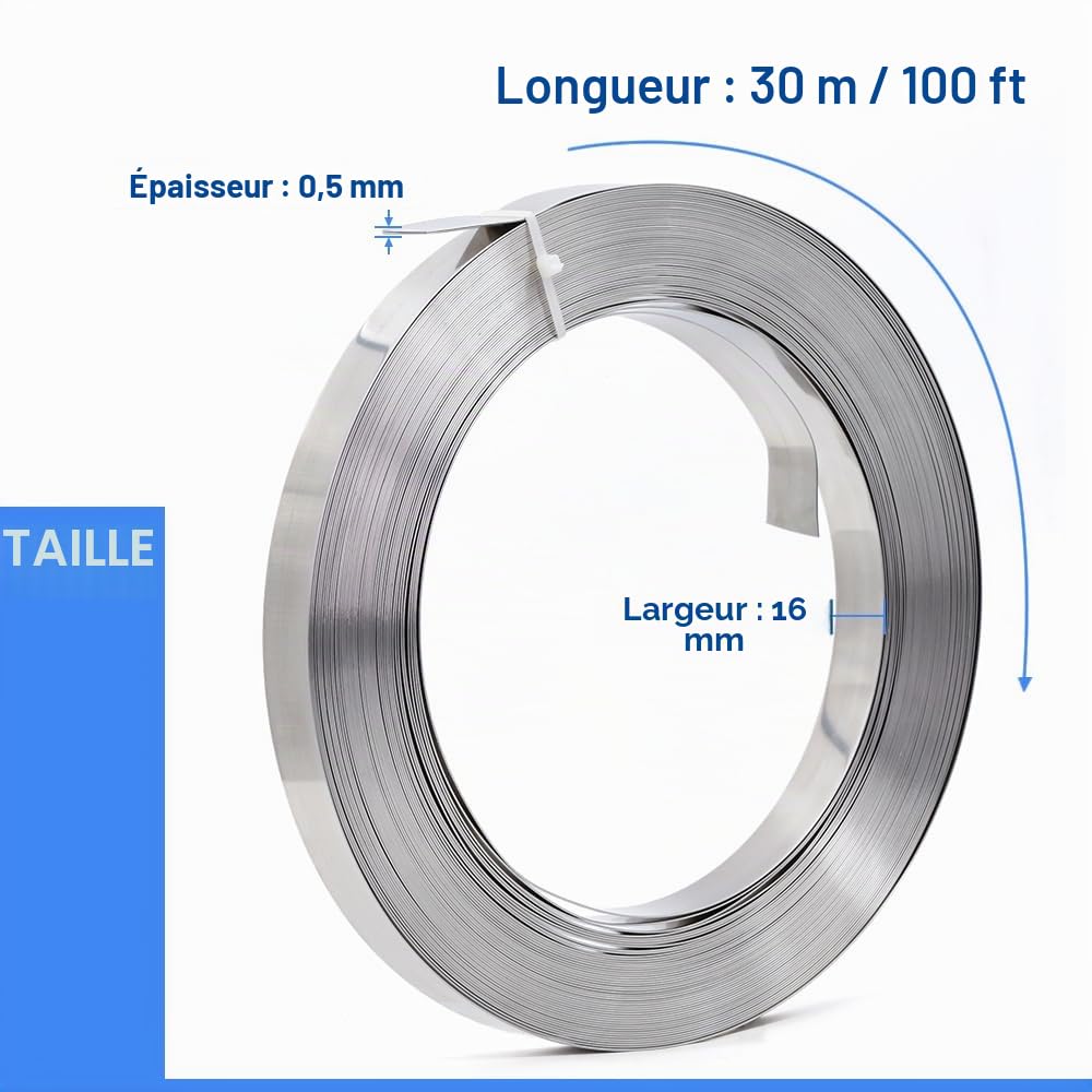 Feuillard Acier en Rouleau - 16 * 0.5 mm x 30 m - Dévidoir Bleu, 20 x Chapes en Inox Pour Feuillard, Kit de Cerclage en Acier Manuel Pour des Charges Lourdes
