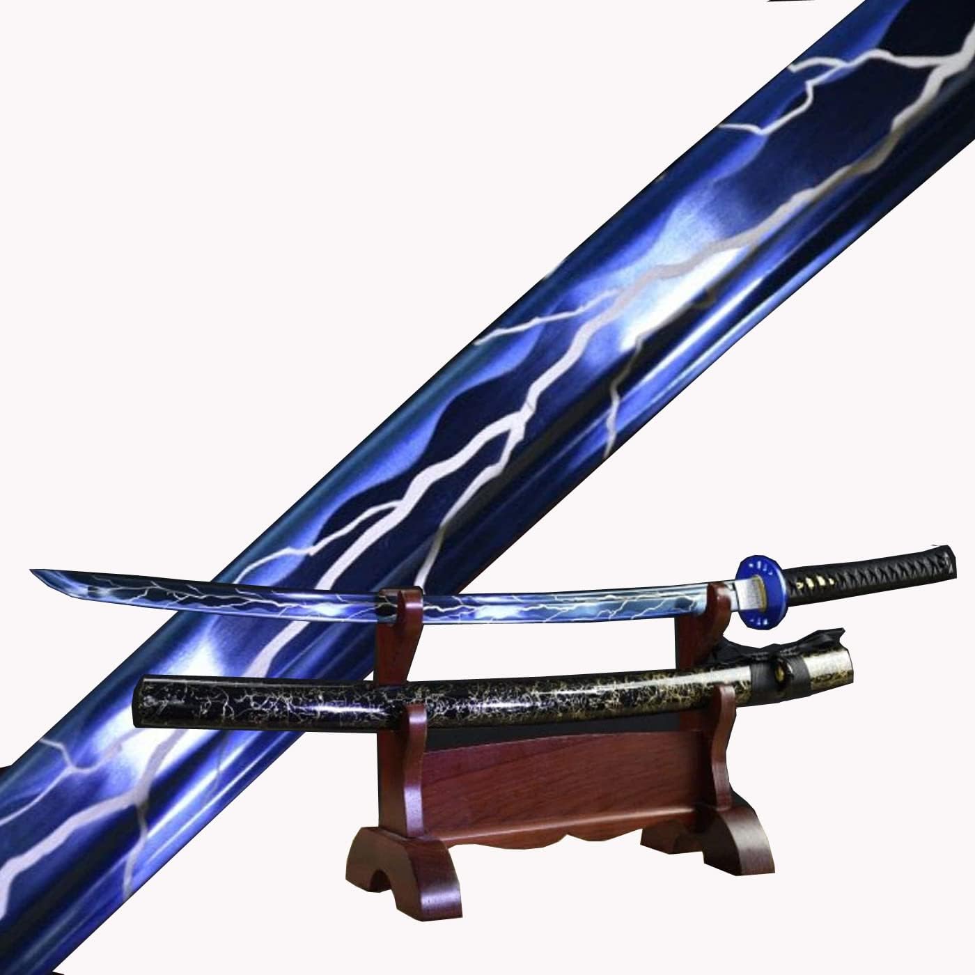 Special Blue Thunder and Lightning Blade Katana Combat High Manganese Steel Japanese Samurai Sword Full Tang Blade Sharp Blue Tsuba Black Gold Saya (Black)