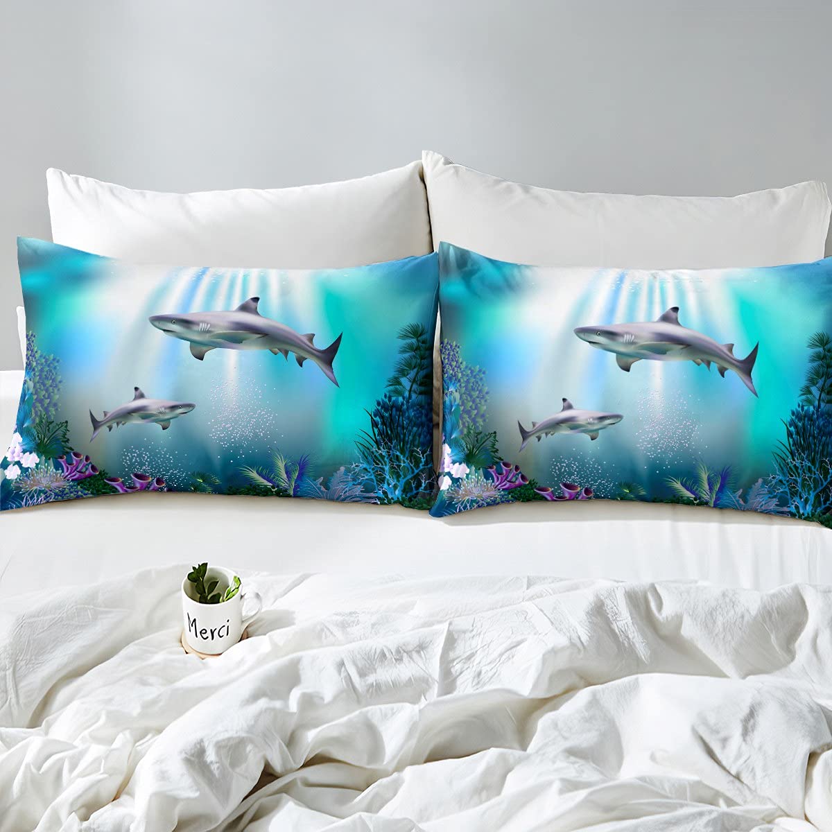 Set Di Lenzuola Con Motivo A Squalo,motivo Oceanico Marino,lenzuolo Con Angoli Per Bambini,adolescenti,mare Subacqueo,set Di Da Letto Carino Creatura Sealife,per Letto Singolo,2 Pezzi