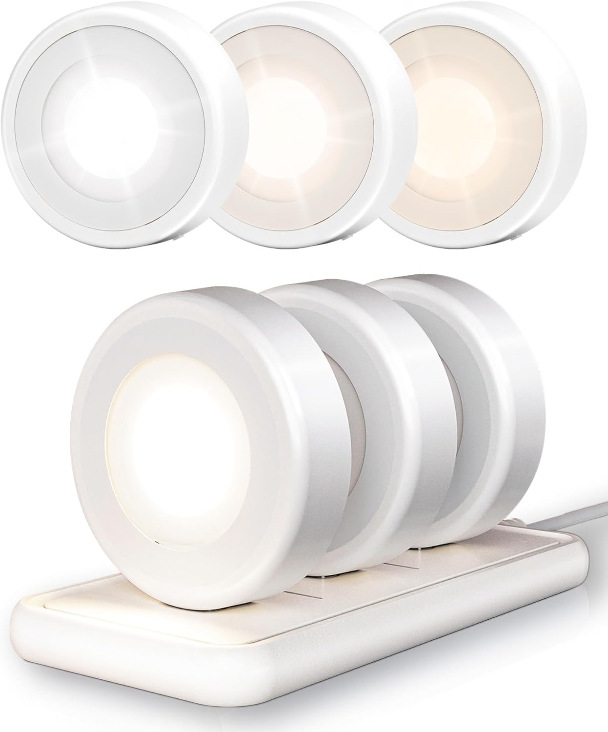 EZVALO LED Puck Lights with Charging Station, Rechargeable Sitck On Tap Lights, Wireless Closet Light, 3 Color Temps, Under Cabinet Lights, 2.5'' Mini Touch Light for Kitchen,Pantry,Shelves(6 Pack)