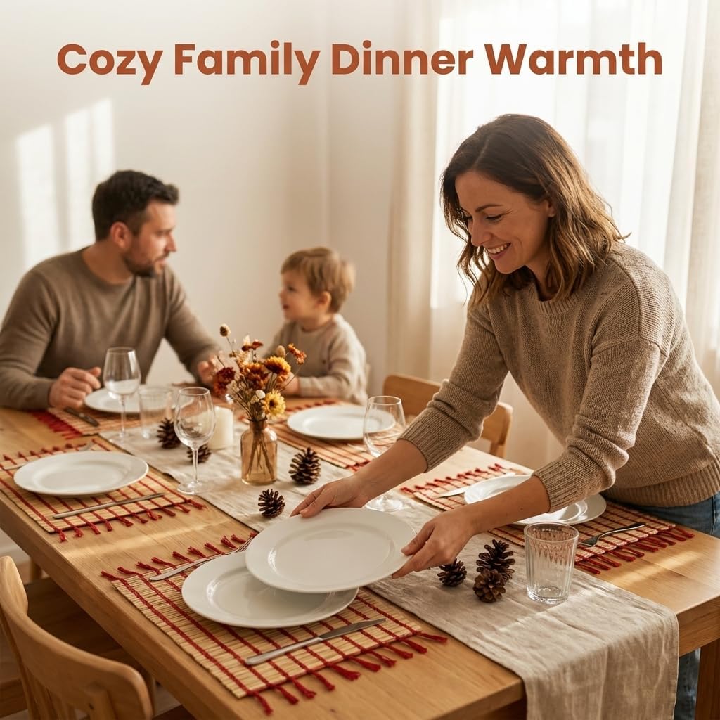 LFH Home Handmade Straw Decorative Samba Woven Placemat Pack of 6, Yellow Stripes Table Mat for Dinner Table Kitchen Family Chritsmas Party Décor - 13x19 Inch - Rust