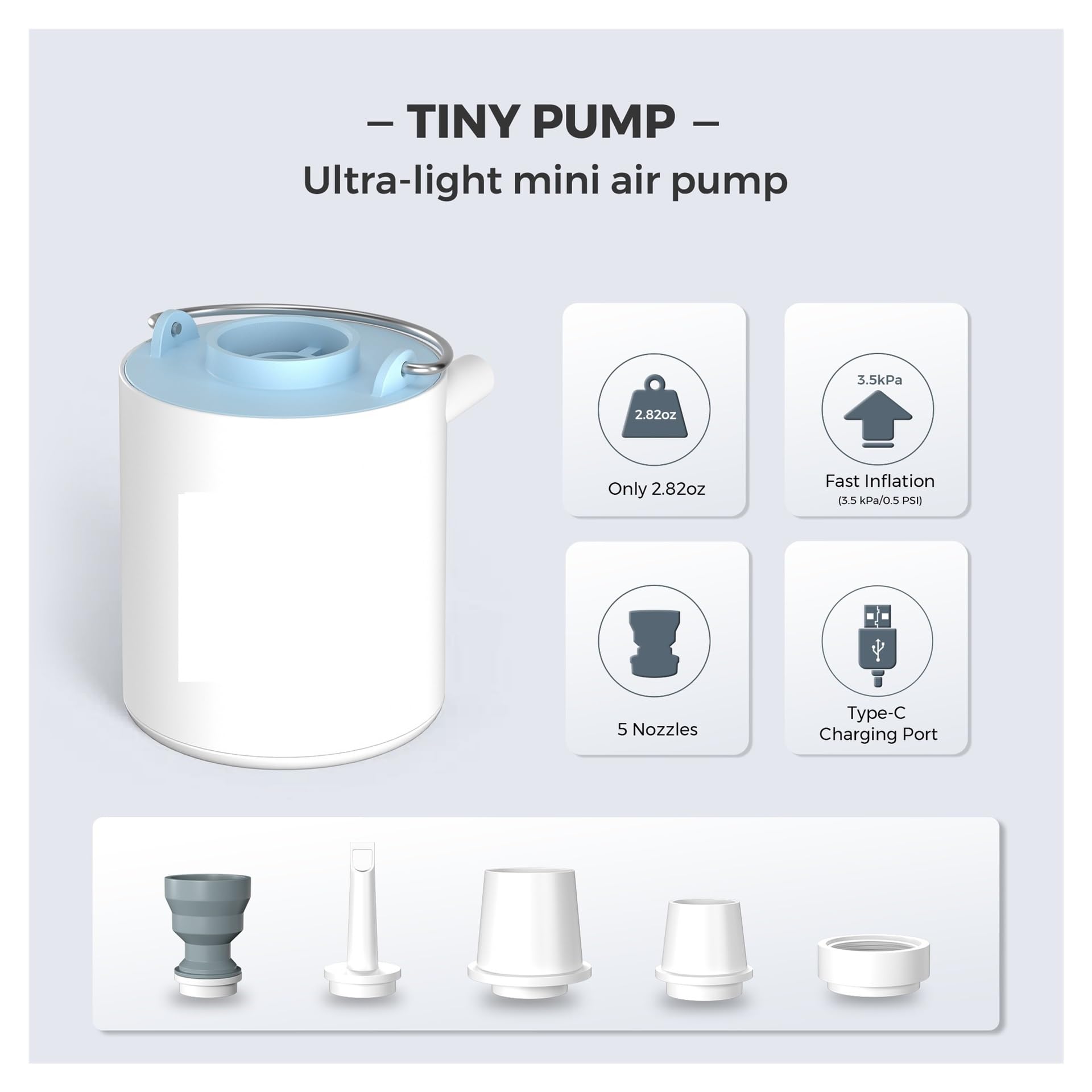 Pompka Powietrza, 3 Szt. Przenośna Pompka Powietrza, Mini Camping Z Lampką, USB-C