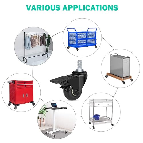 Miniatura 4 de Hirate Ruedas de 2 pulgadas con vástago roscado de 516 pulgadas (2 ruedas con bloqueo de freno), paquete de 4 ruedas giratorias con tuercas de