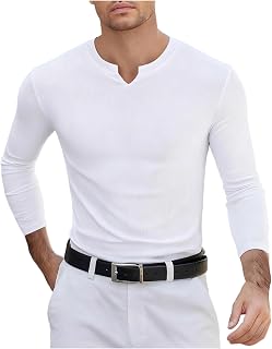 Mens Long Sleeve Muscle Stretch T Shirt Casual V-Neck Lightweight Stylish Ribbed Slim Fit Shirts Athletic Underwear