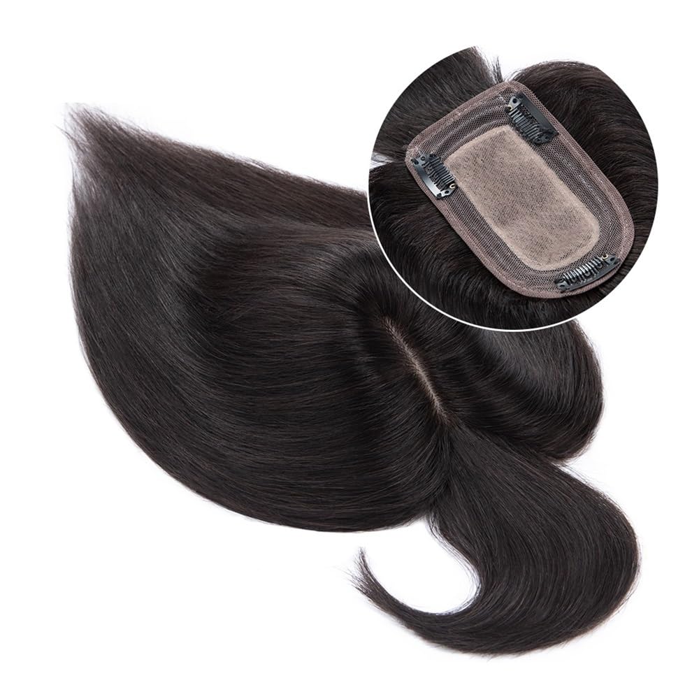 Topper for capelli umani con frangia for donna, clip for parrucche | Base 7x12,5 cm,traspirante，for capelli diradati capelli grigi donne posticci for aggiungere volume(14 inches,GREY)