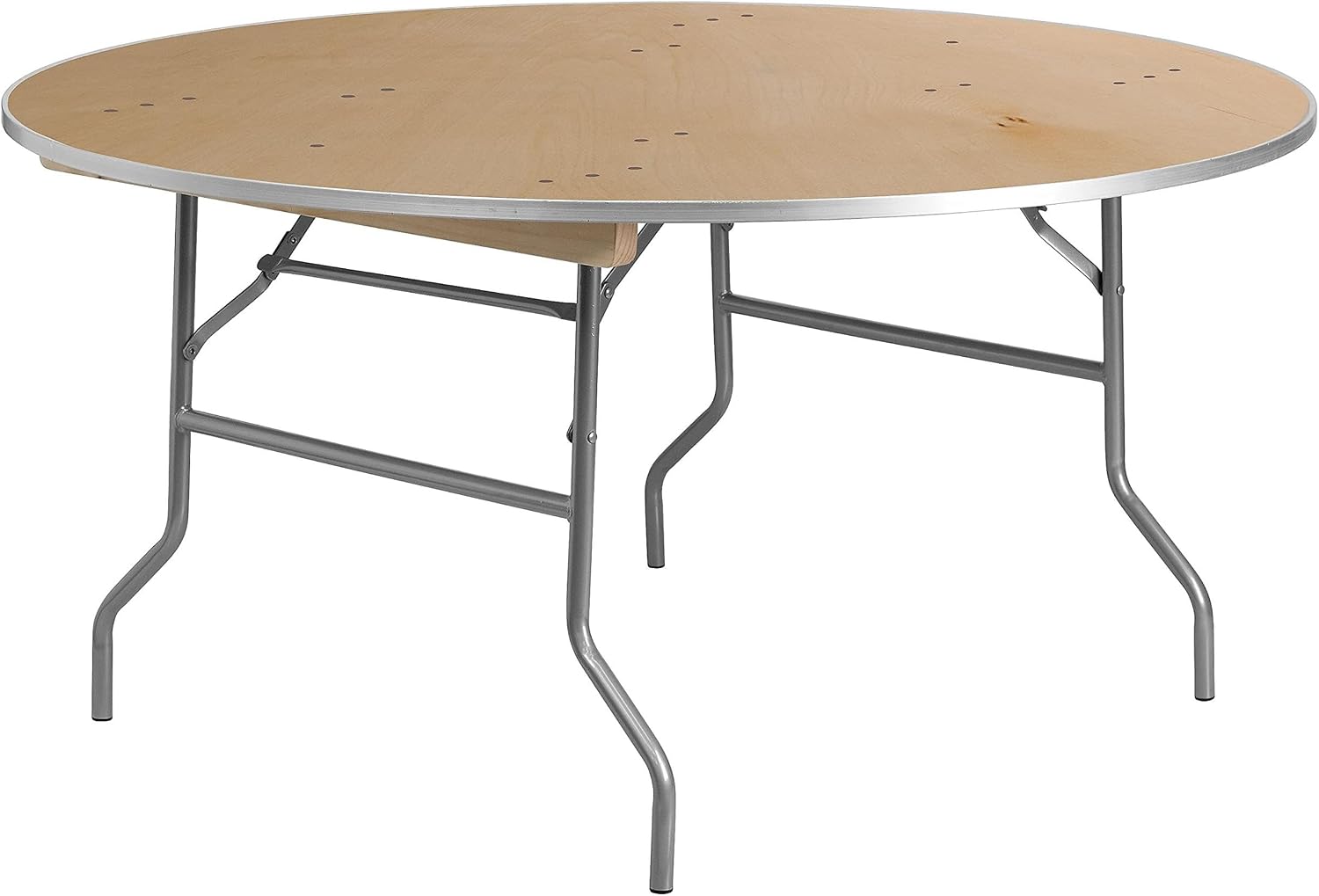 BOWERY HILL Round Birchwood Folding Banquet Table, 60 in Diameter, Silver Powder Coated Locking Wishbone Legs, Heavy Duty Plywood Core, Aluminum Edge Band, Durable Commercial Use