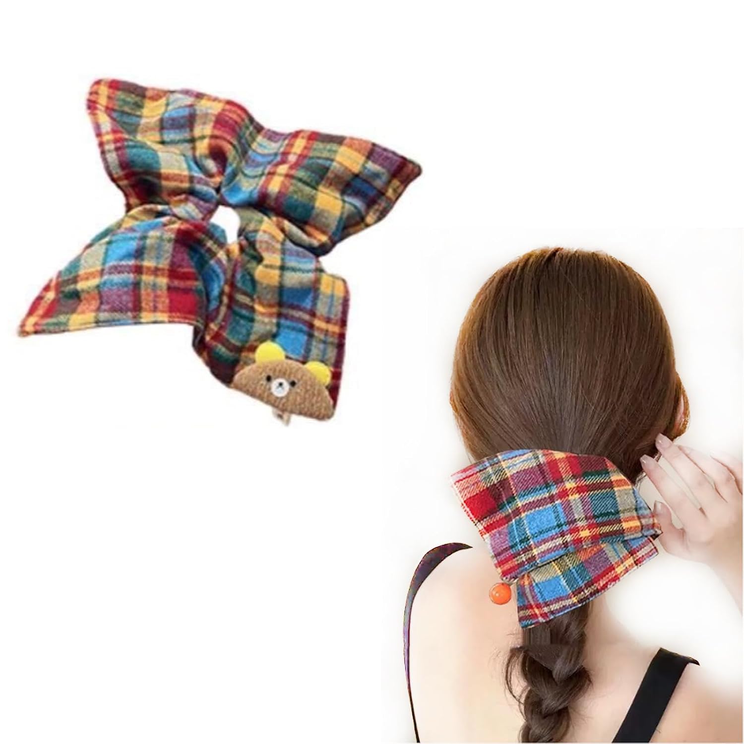 2pcs Oversized Plaid Square Hair Scrunchies Colored Ponytail Holder Vintage Hair Accessories for Ladies Girls (Bead + Bear)