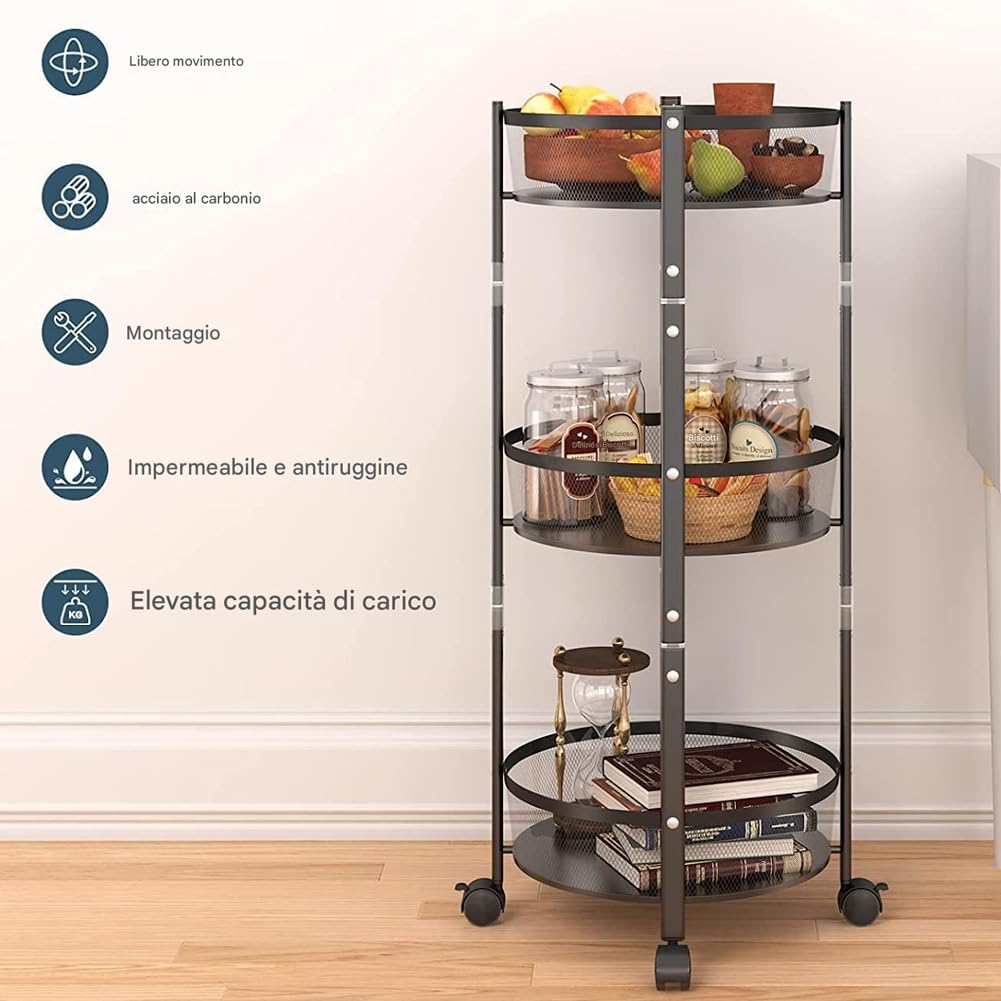 BAKAJI Carrello Pieghevole Salvaspazio Tondo a 3 Ripiani in Metallo, Carrellino Richiudibile Ergonomico Rotondo, Organizer 88 x 35 cm Ideale per Bagno, Cucina, Ufficio con 4 Ruote (Nero)