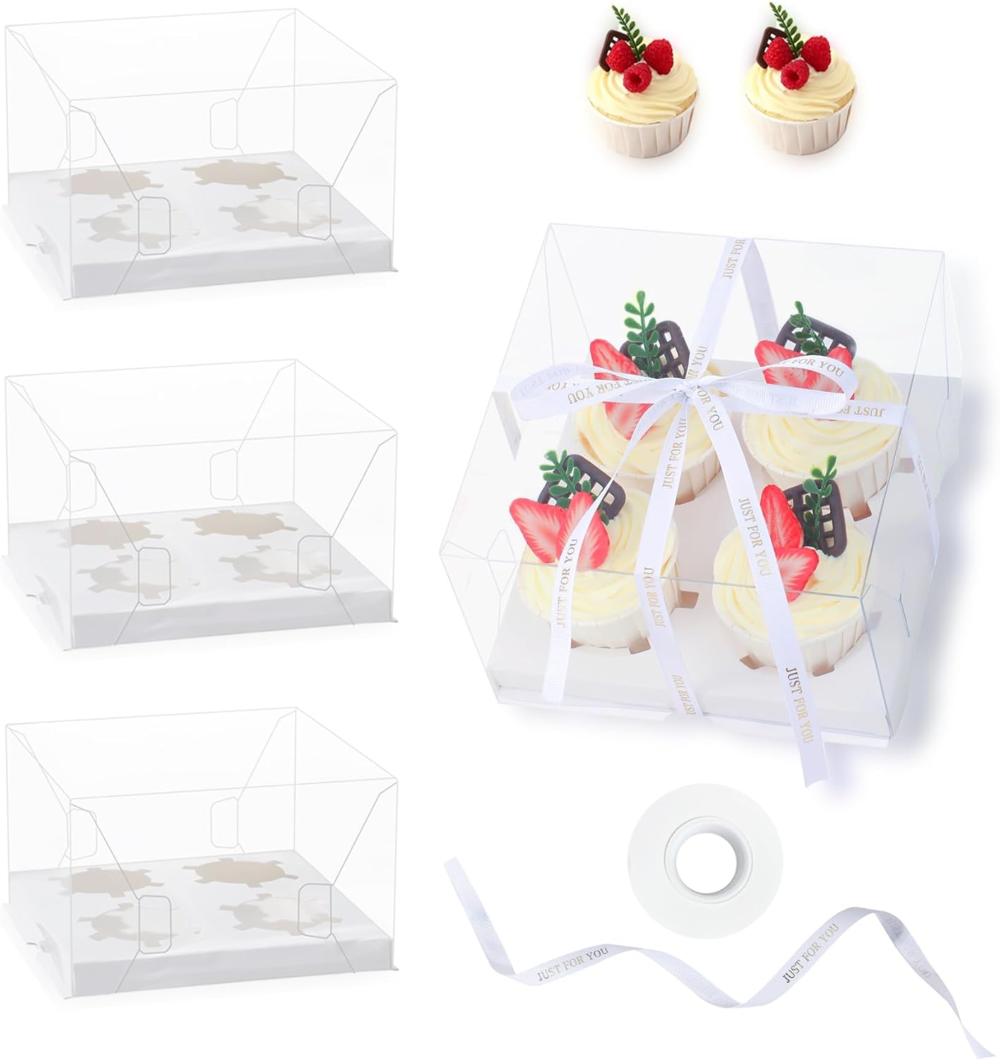 20 Packs Clear Cupcake Boxes 4 Count Cup Cake Holder Containers for Treat Dessert Cookies Muffins plastic Cupcake Carrier with Gift Ribbon Packaging for Party Baking Wedding