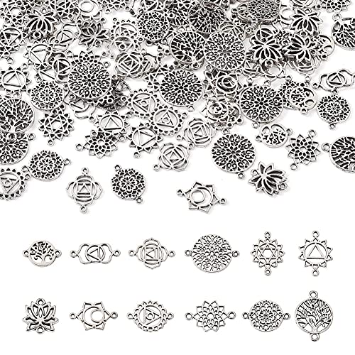 Pandahall 120Pcs Tibetan Flower Charms Chakra Connector Charms Antique Silver