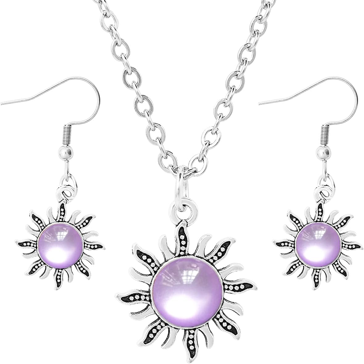 Boho Hippie Crystal Sun Necklace Earrings Celestial Antique Silver Jewelry Set for Women Bohemian Healing Stone Charm Sunshine Pendant Choker Statement Punk Gothic Sunburst Dangle Drop Hook Prom Party Gift