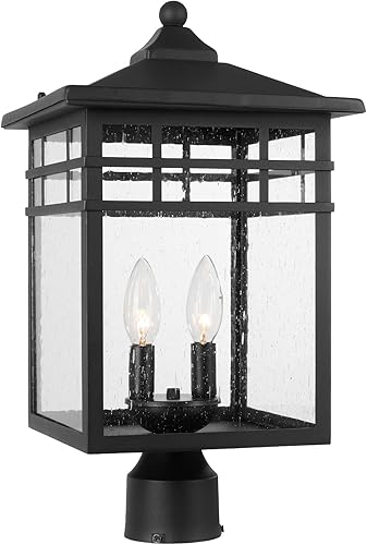 Lámpara de poste para exteriores, linterna de pilar exterior grande de 2 luces con acabado negro y vidrio sembrado, lámpara de montaje en muelle