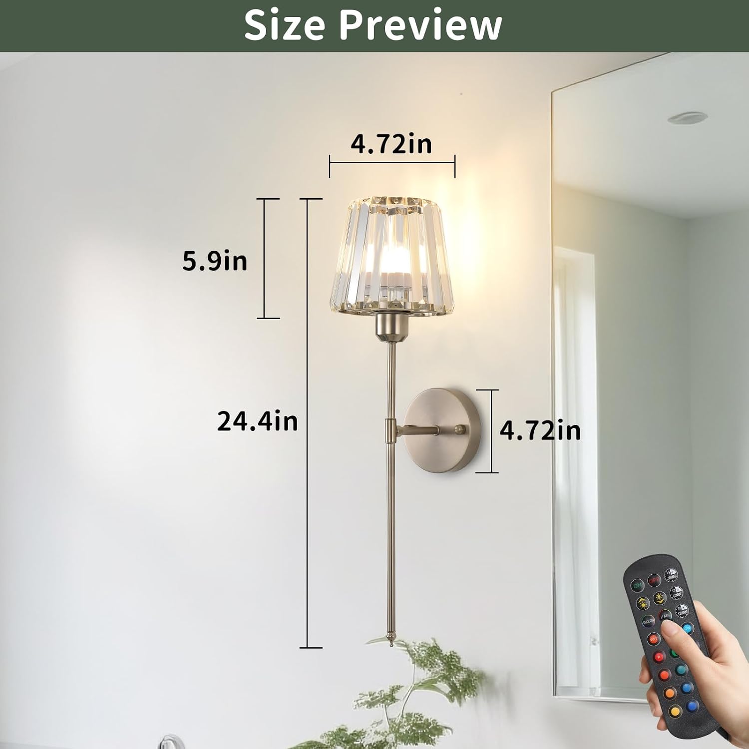 Crystal Battery Operated Wall Sconce Set of 2, Brushed Nickel Wireless Wall Light with Remote Control, LED Dimmable 15 Colors USB Rechargeable Light Bulbs Wall Lamp for Bedroom Living Room Hallway