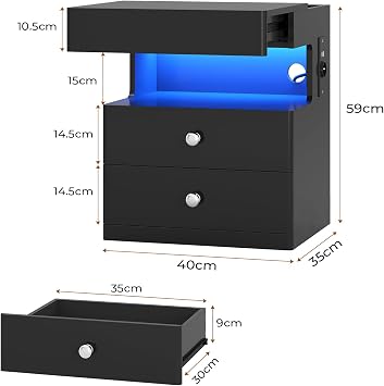 AOGLLATI Bedside Table with Secret Compartment Bedside Table with Socket and LED Lighting Side Table with 2 Drawers 1 Pull-Out Shelf 1 Compartment High-Gloss Surface (1 Black 40 x 35 x 59 cm)