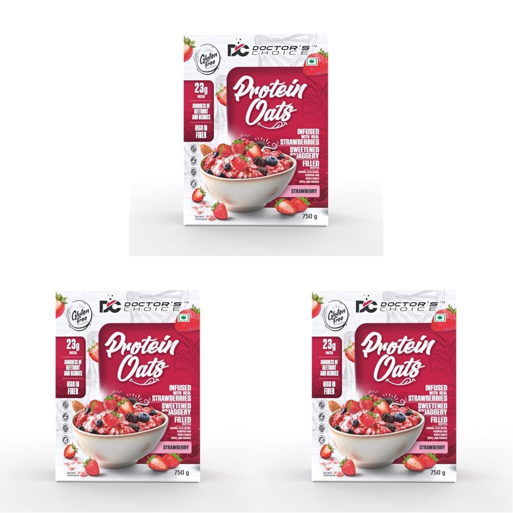 Doctors Choice High Protein Oats 750g | 24g Protein Oatmeal | Natural Strawberrry Flavour | No Added Sugar | Gluten Free | High Fiber Healthy Breakfast Oats (Pack of 3)-image-6