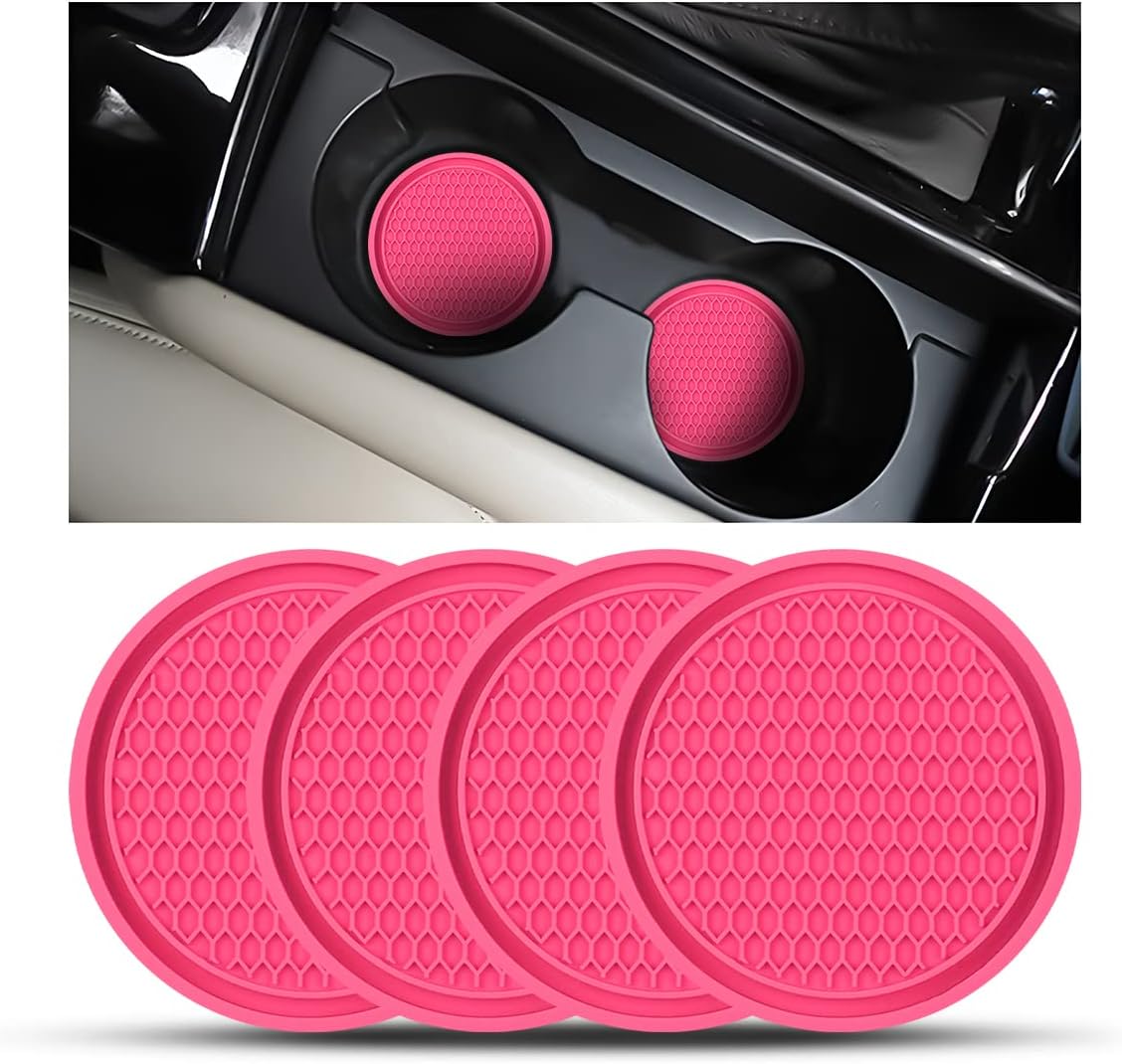 CGEAMDY 4 Pack Car Cup Holder Coasters, 7cm Anti-Slip Silicone Auto Insert Cup Coaster, Non-Slip Vehicle Cup Mats for Women and Men, Interior Accessories Universal for Most Cars Trucks(Rose)