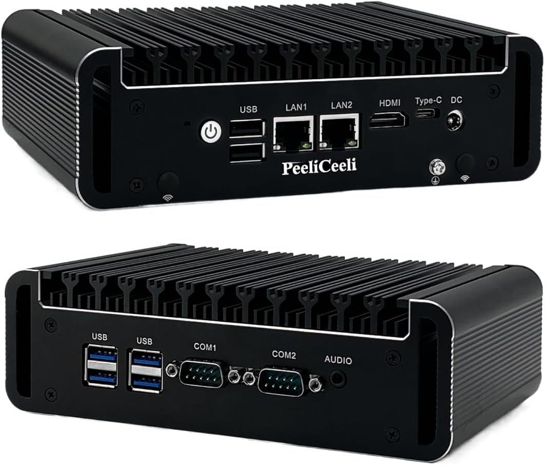 Celeron N5105 Mini PC 4K Dispaly, Fanless Industrial Computer with 2 x i225V 2.5GbE LAN, Dual COM Micro Desktop PC with WiFi5/BT4.2/Type-C, Barebone No RAM/SSD/System