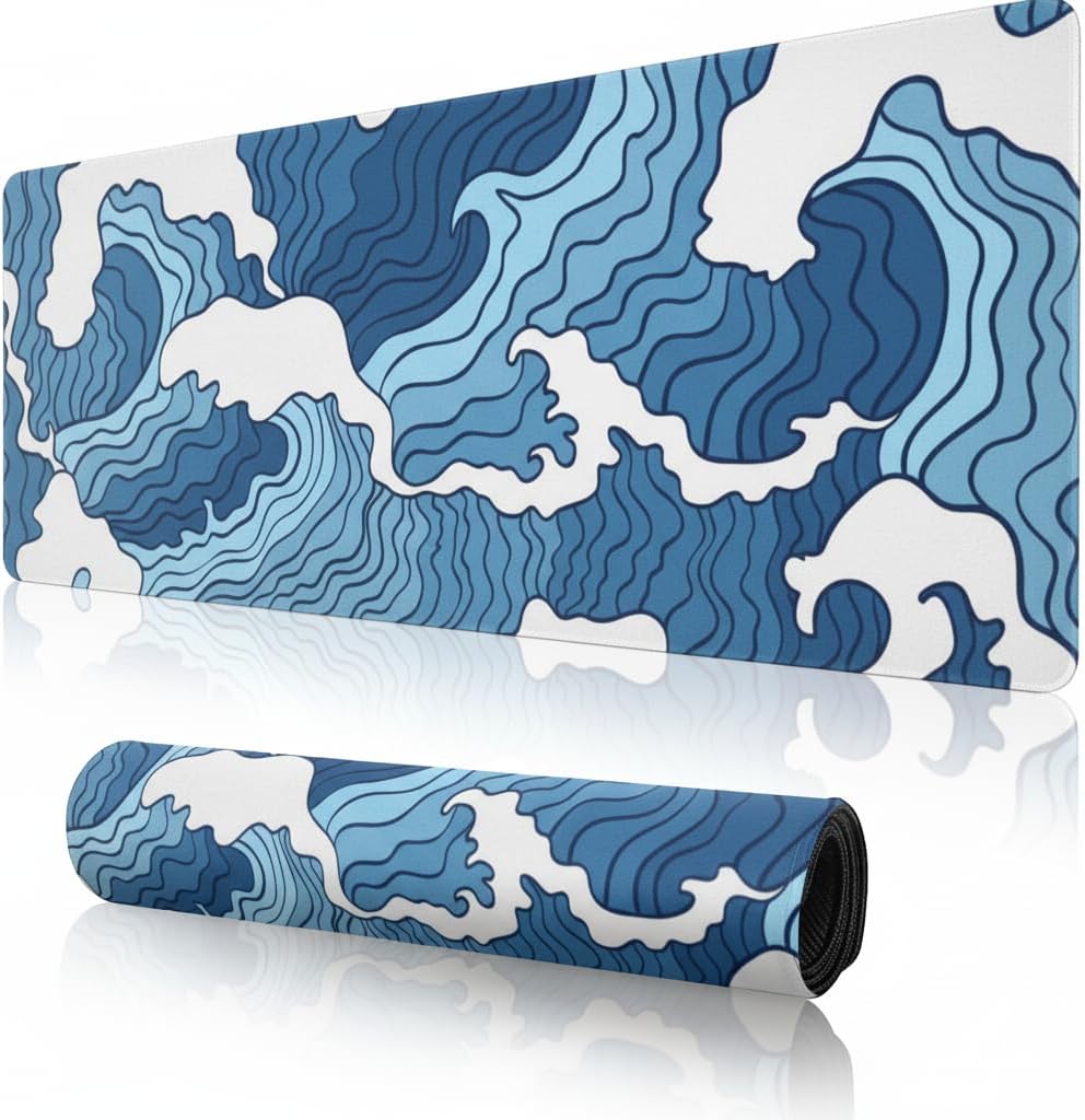 Alfombrilla de ratón para juegos XL con ondas azules japonesas, alfombrilla de escritorio grande 31,5 x 11,8 | La base de goma gruesa antideslizante se mantiene estable en todos los escritorios, sin deslizarse durante el movimiento rápido del mouse en los juegos.