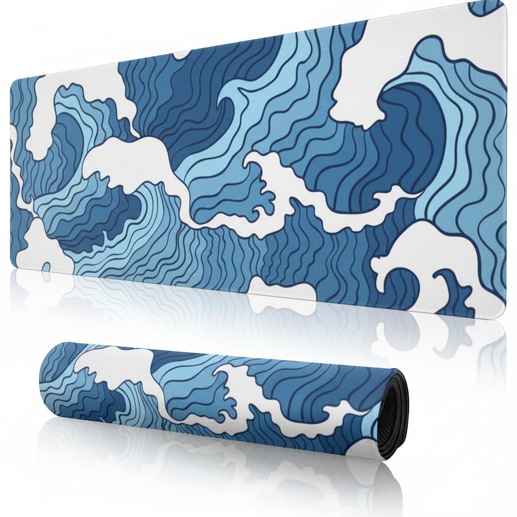 Wallacely Japanese Blue and White Wave Mousepad Non-Slip Rubber Gaming Mouse Pad Mouse Pads for Computers Laptop 11.8 X 31.5 in