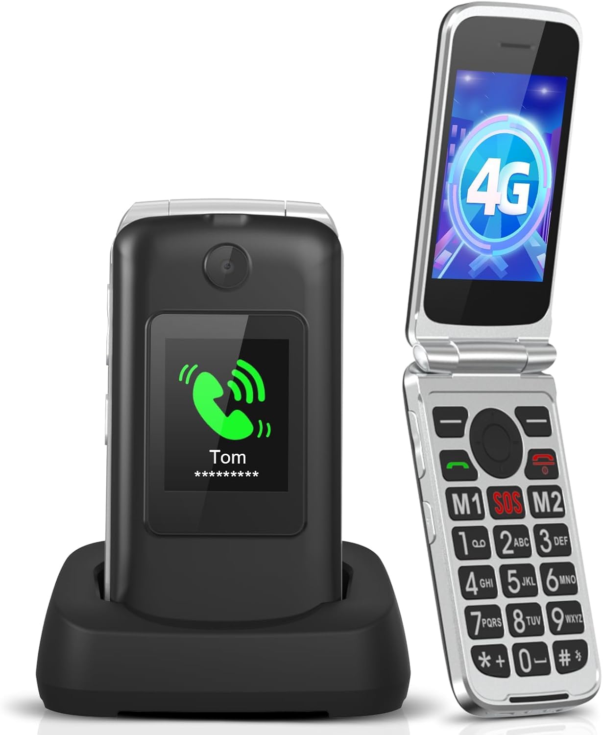4G Anciano portátil sin Contrato Plegable portátil Simple botón Grande Anciano teléfono móvil con estación de Carga botón de Llamada de Emergencia Doble Tarjeta SIM Gratuita 1200 Mah batería