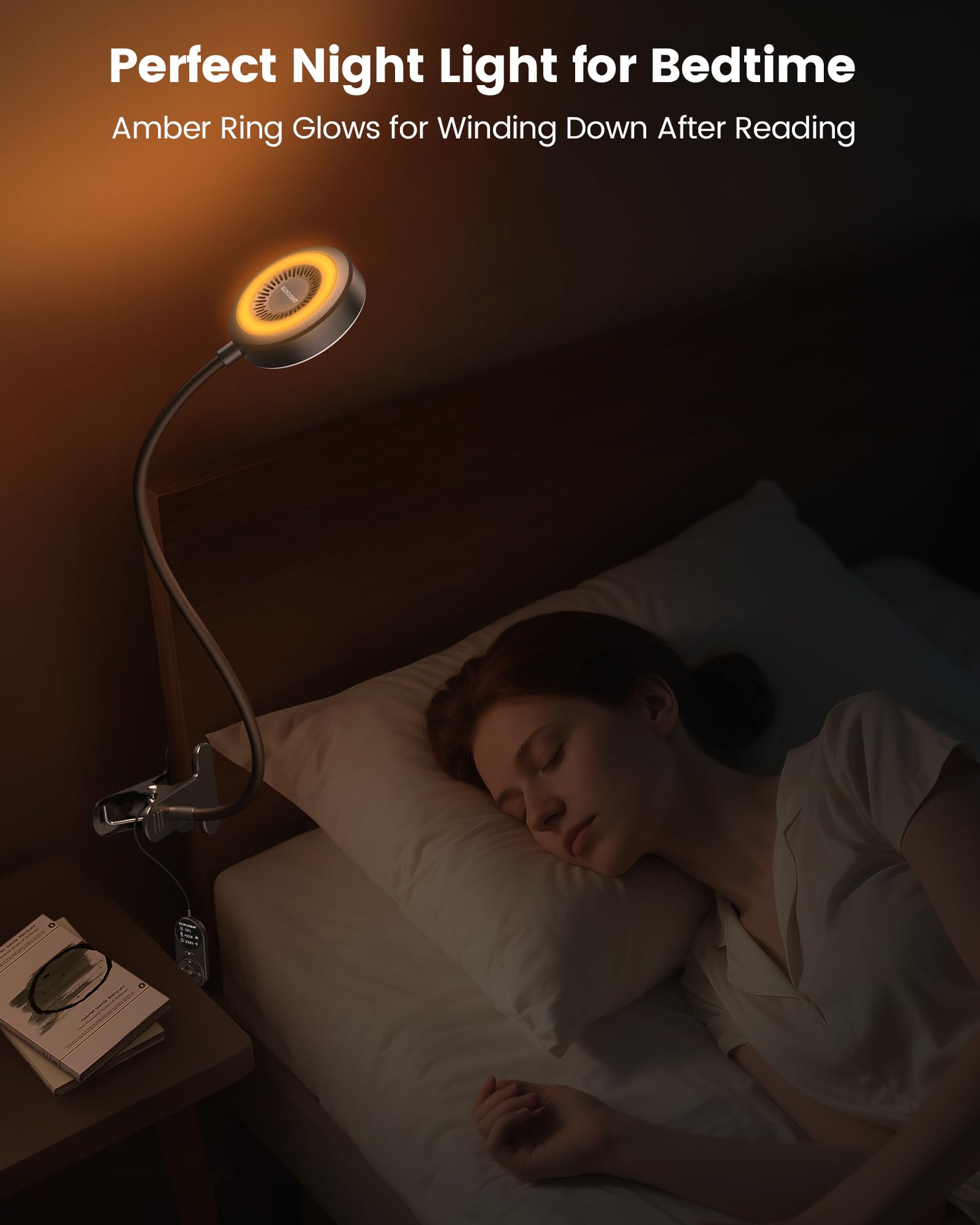 Glocusent Lampe de Bureau à Pince, 72 LED Lampe Lecture, 360° Flexible Lampe Pince pour Lit, 3 Luminosités & 5 Couleurs, Protection des Yeux, pour Maison/Bureau (Noir avec Adaptateur et Télécommande)