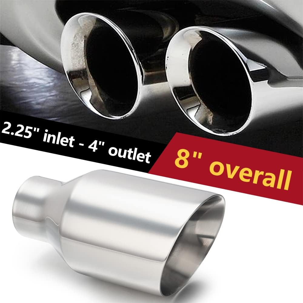 LCGP 2.25" inlet Universal Diesel Exhaust Tip 4" Outlet 8" Long Tail Tip, Polished & Double Wall Angle Cut, Stainless Steel