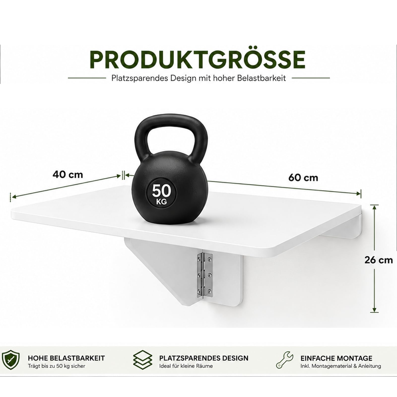 Klapptisch mit 2 Eiscreme-Grün Stühlen, Tischgruppe 60x40 cm, Weiß | Essgruppen Wandklapptisch Wand, Platzsparend, 50 kg, für Kleine Räume und Balkon Küche, 2 Eiscreme-Grün Stühlen