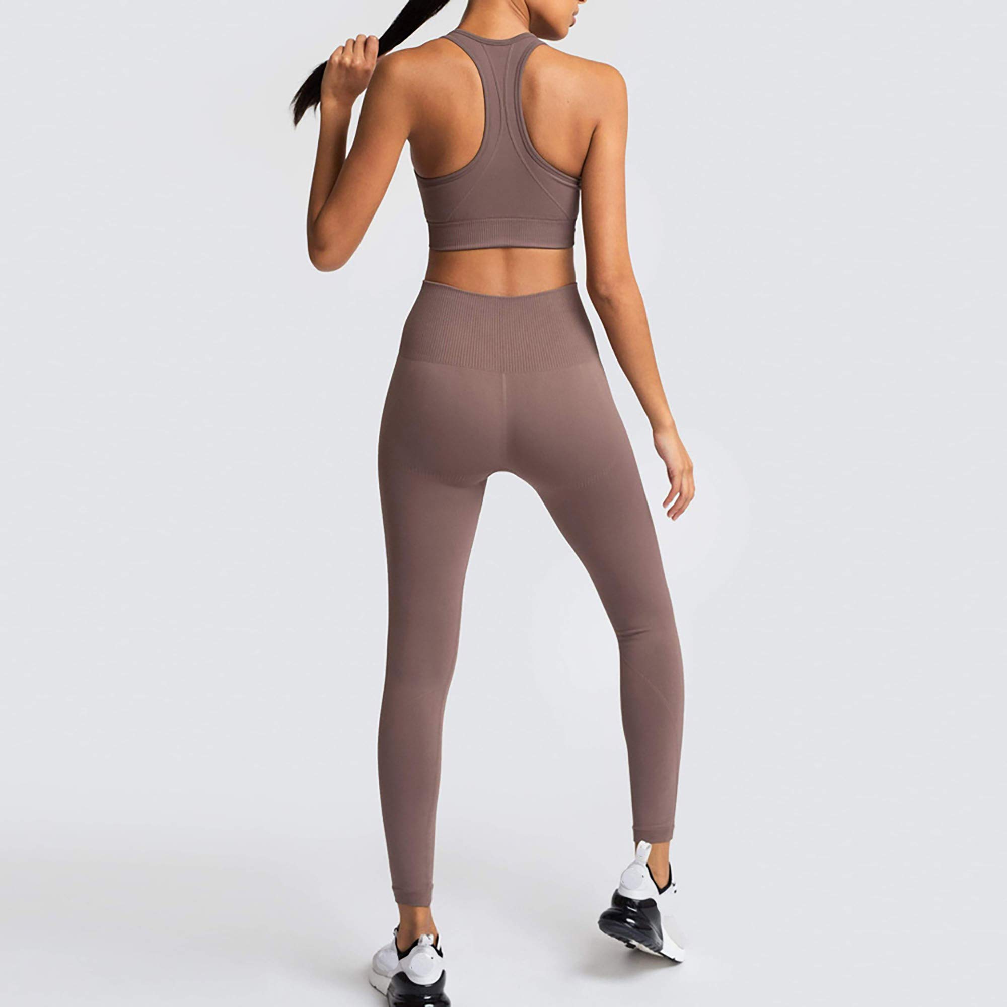 SweatyShark Women's Workout Set Active 2 Pieces Hyperflex High Waisted Yoga Leggings with Paded Racer Back Sports Top Brown