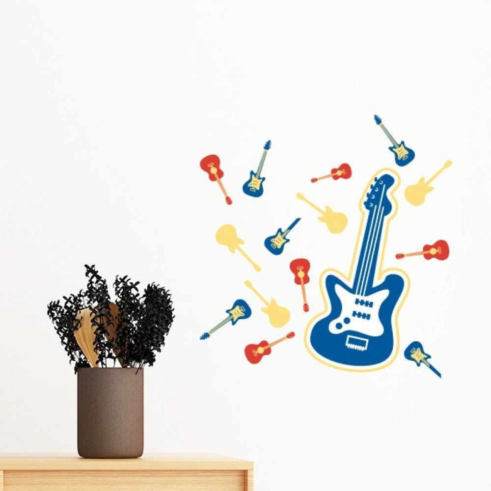 Sticker guitare jaune amovible 50cm deco murale repositionnable sans trace