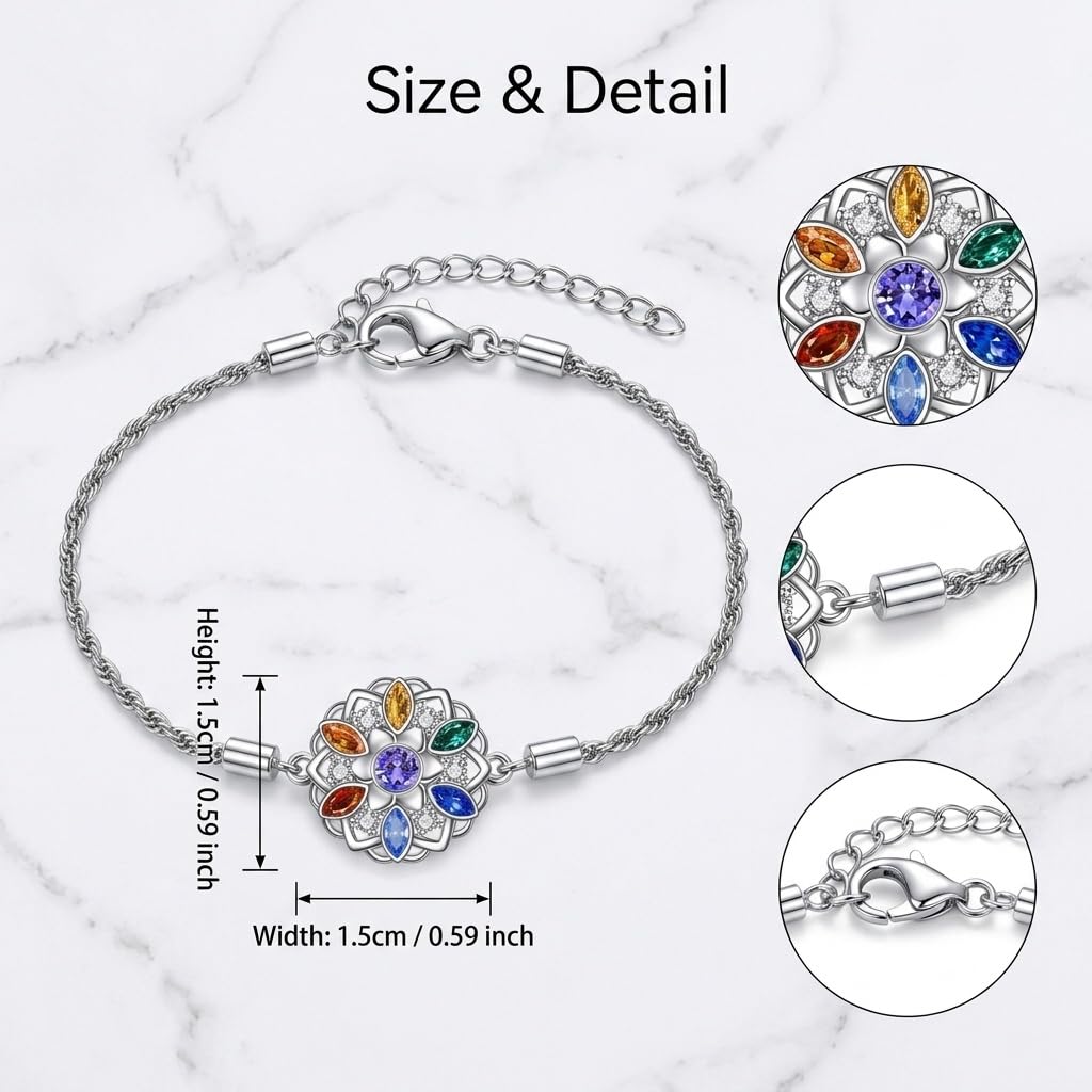 DAYLINLOVE 7 Chakra Armband 925 Sterling Silber Blume des Lebens/Lotus Abalone Muschel Armbänder Chakra Schmuck Geschenk für Damen Frauen Mädchen