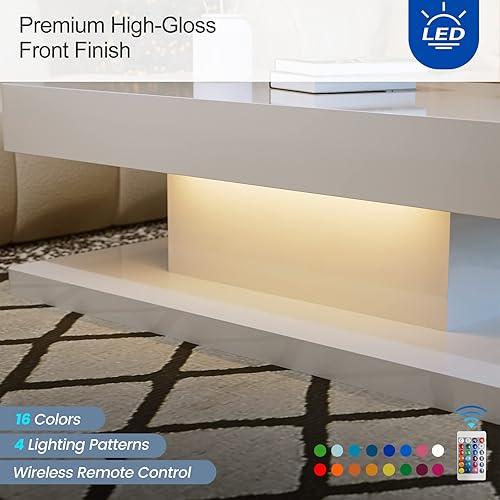 Miniatura 13 de Mesa de centro LED moderna, mesa de centro blanca de alto brillo con luces LED de 16 colores, mesa de centro rectangular contemporánea para sala de