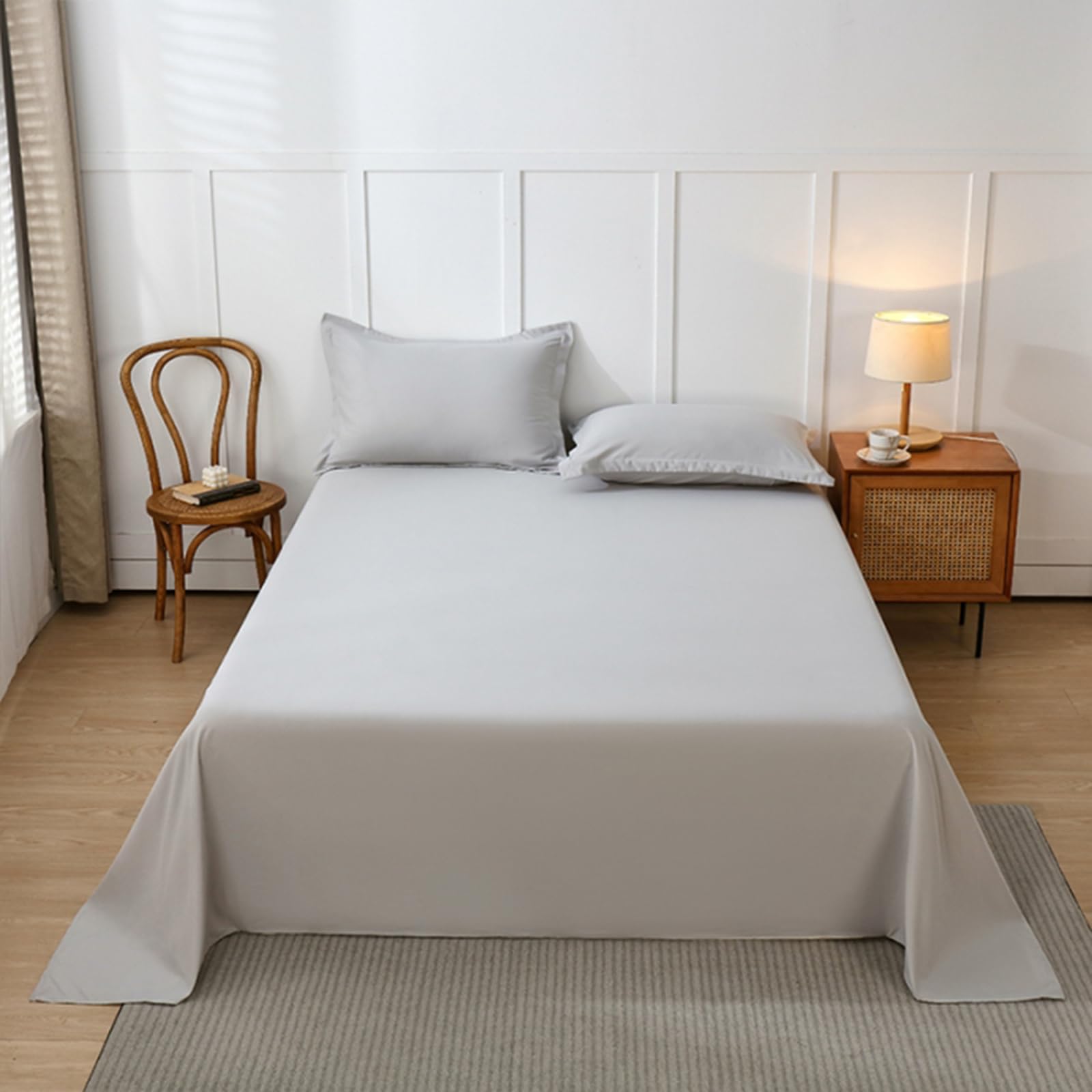 Bettlaken 200 x 230 cm Leintuch ohne Gummizug Flache Laken aus 100 % Baumwolle Betttuch ohne Gummi Hauchzartes Leintuch für hohe Matratzen hellgrau mit 2 Kissenbezug