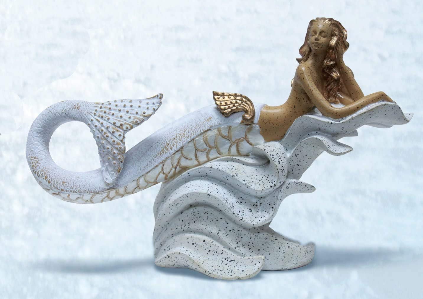 Nautical Mermaid Sculpture/Statue - Gold & White Mermaid Laying on A Wave Base - Distressed Antique Sculptures - Nautical Tropical Decor - Made of Poly-Stone