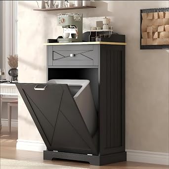 kepptory Tilt Out Trash Can Cabinet, 12 Gallon Farmhouse Laundry Hamper Cabinet with Drawer, Hidden Wooden Trash Garbage Can Bin with Storage Basket for Kitchen, Living Room Black