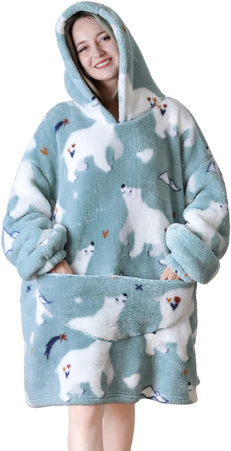 Queenshin Wearable Blanket Hoodie, Oversized Flannel Comfy Sweatshirt for Adults,Warm Cozy Hooded Body Blanket